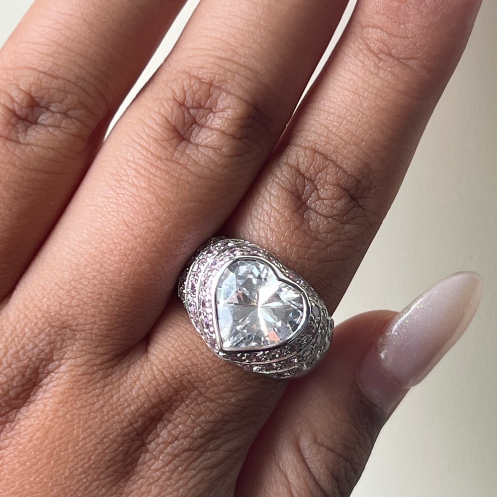 *SOLD DO NOT BUY* STUNNING SILVER HEART RING WITH PAVE PINK AND CLEAR CZ STONES